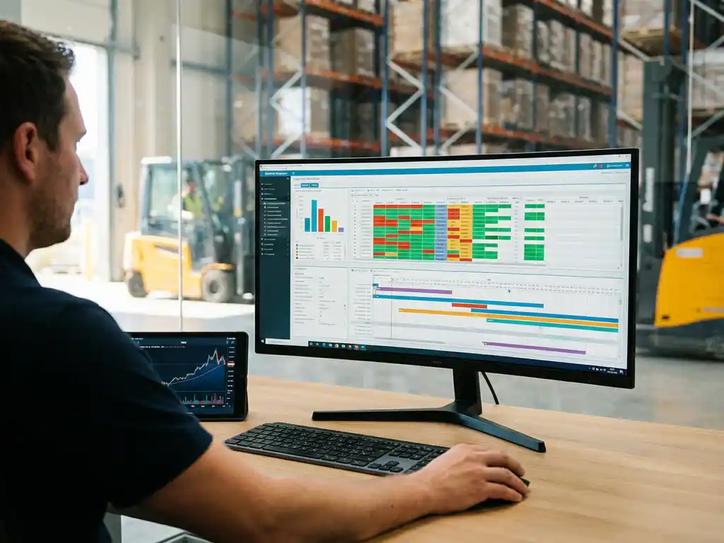 Logistiek planner bekijkt warehouse management dashboard met voorraadgegevens, tablet met voorraadniveaus op modern bureau