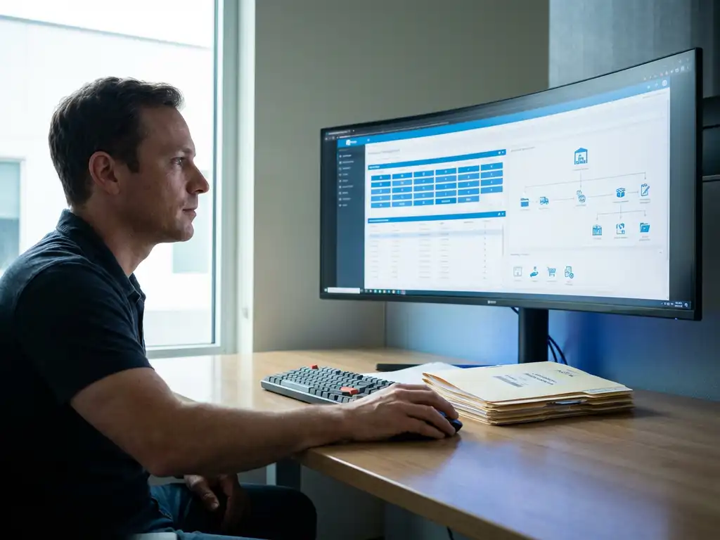 Davanti WICS | Blog & Resources | logistiek planner warehouse management dashboard Logistiek planner bekijkt warehouse management dashboard met voorraadoverzicht op computerscherm in modern kantoor
