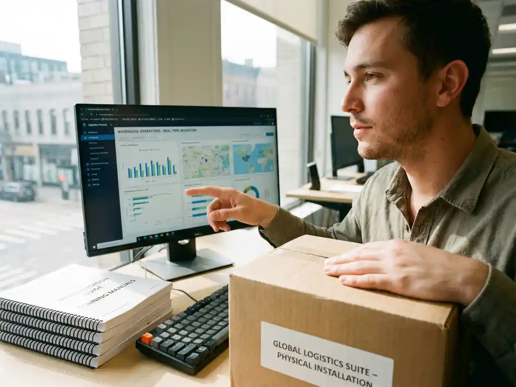 Logistiek planner aan bureau wijst naar warehouse dashboard op monitor, met softwarebox en implementatiedocumentatie