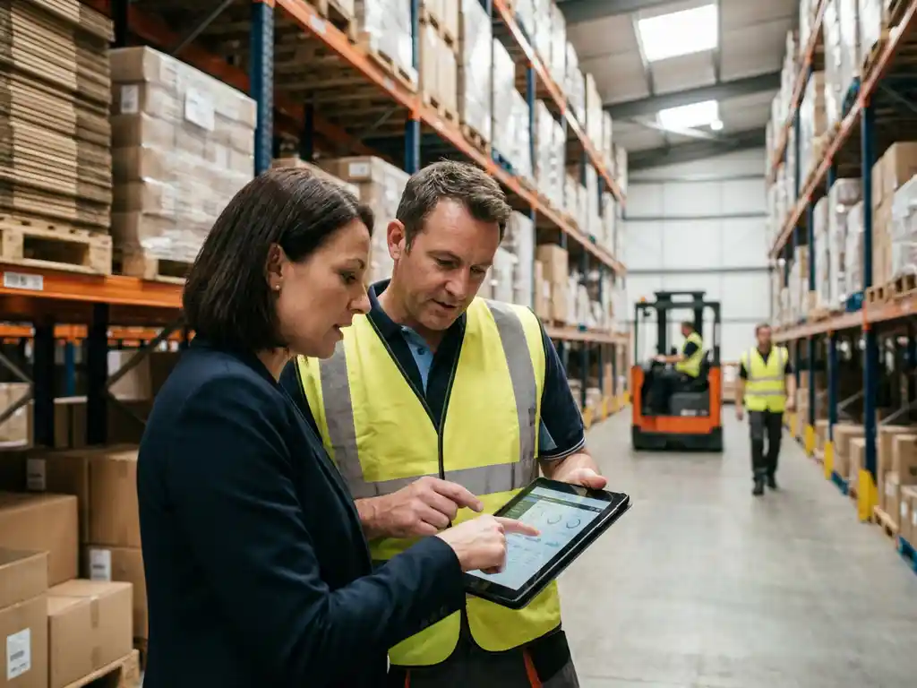Logistiek specialist en magazijnmanager bekijken samen een dashboard op tablet in een magazijn met stellingen