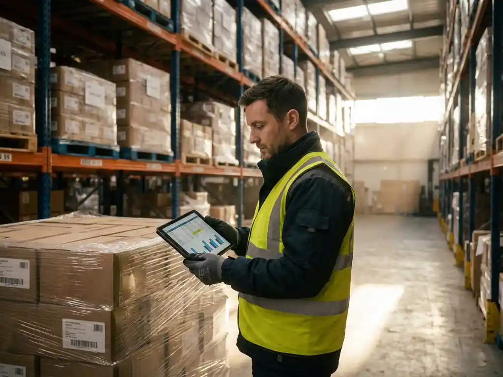 Logistiek medewerker met tablet voor voorraadbeheer in magazijn met hoge stellingen en georganiseerde pallets