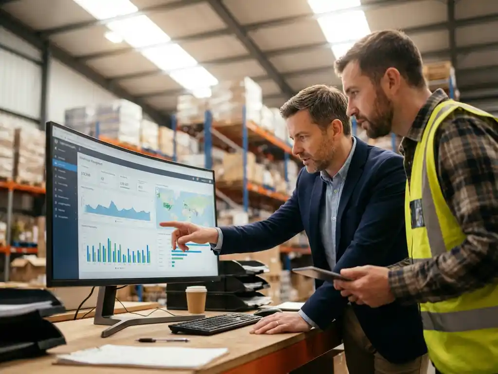 Davanti WICS | Blog & Resources | magazijn management consultant logistiek dashboard Logistiek consultant en magazijnmanager bekijken samen een warehouse management dashboard op een monitor