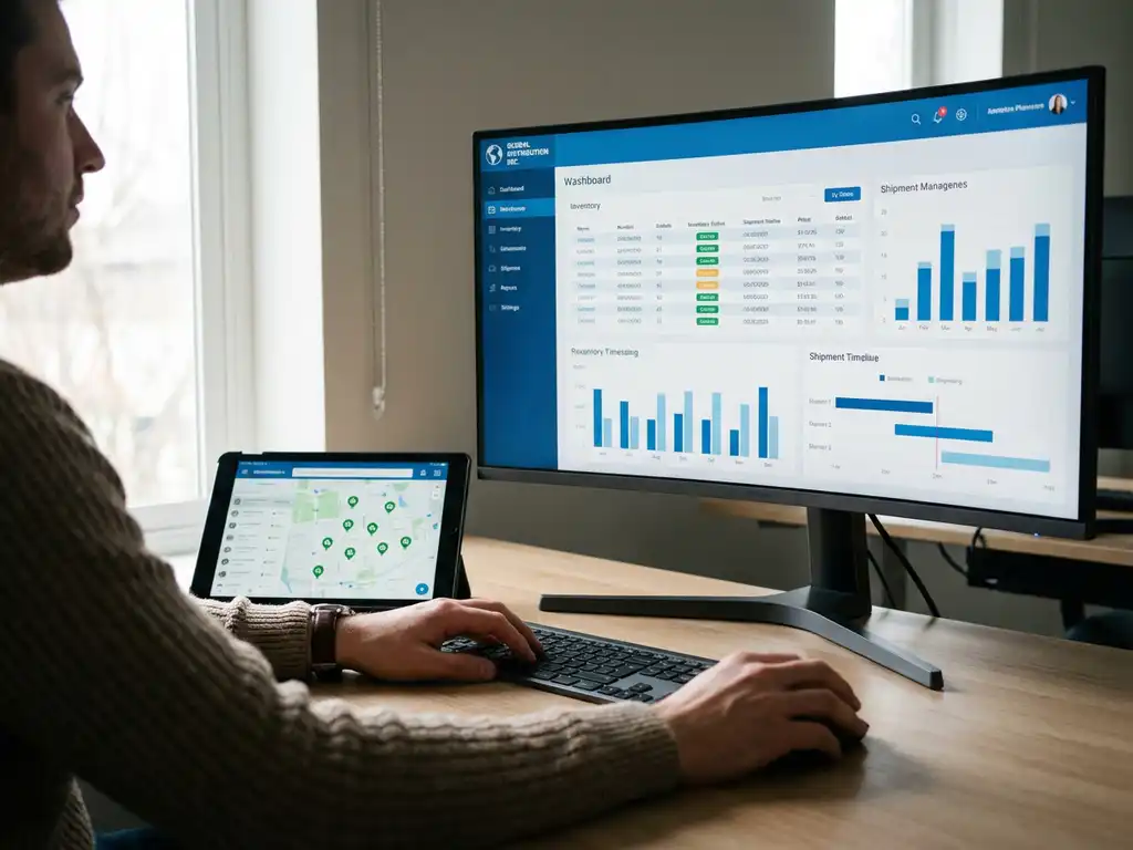 Logistiek planner bekijkt warehouse management dashboard met voorraadoverzicht en verzendschema's op groot scherm