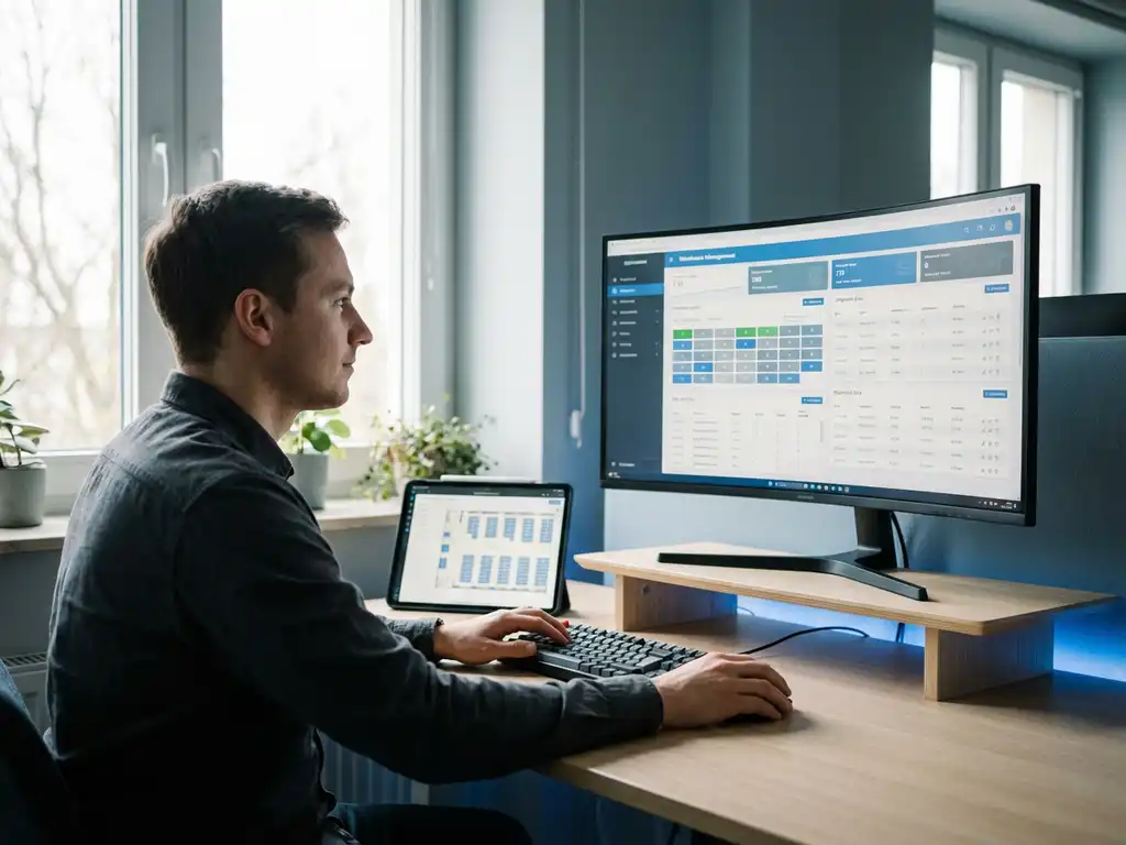 Davanti WICS | Blog & Resources | magazijn management dashboard logistiek planner Logistiek planner aan modern bureau bekijkt warehouse management dashboard met voorraadgegevens, tablet met plattegrond ernaast