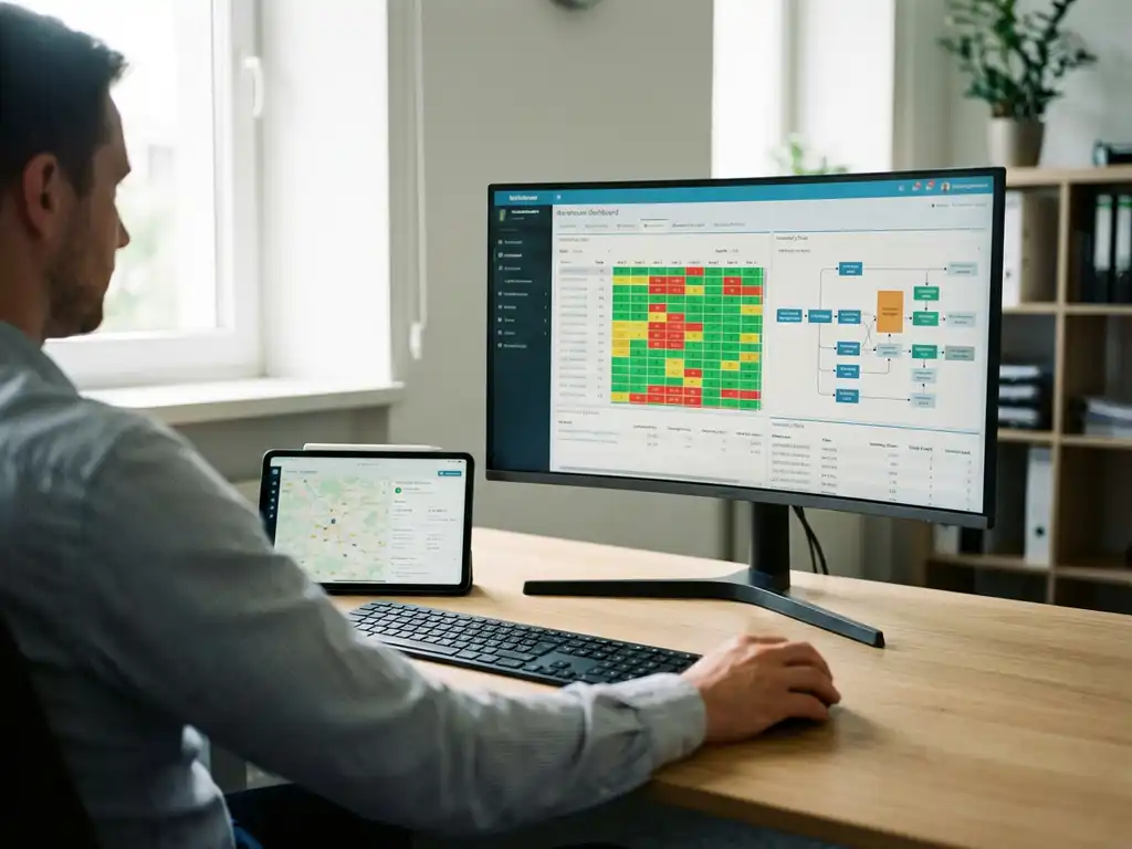 Davanti WICS | Blog & Resources | magazijnbeheer logistiek planner dashboard werkplek Logistiek planner bekijkt warehouse management dashboard met voorraadgrafieken op monitor, tablet met verzendgegevens naast toetsenbord