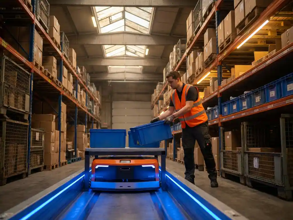 Robotic shuttle delivers tote bin along illuminated rails to worker in orange safety vest reaching for goods in automated warehouse