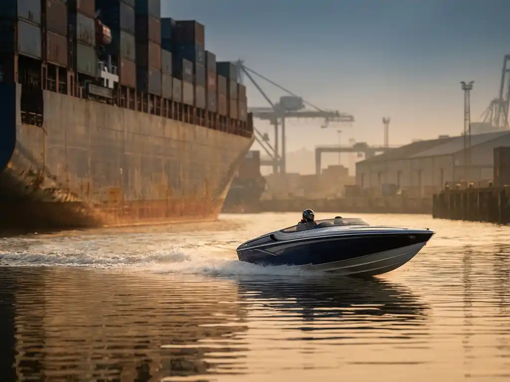 Racing speedboat overtakes massive cargo ship on calm water at golden hour, warehouse dock visible in misty background