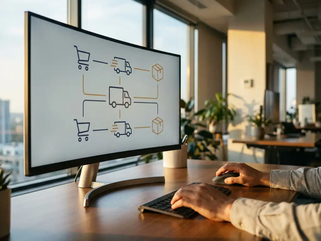 Logistics planner's hands on mouse at desk, monitor displaying warehouse dashboard with shopping cart and package icons, warm afternoon light