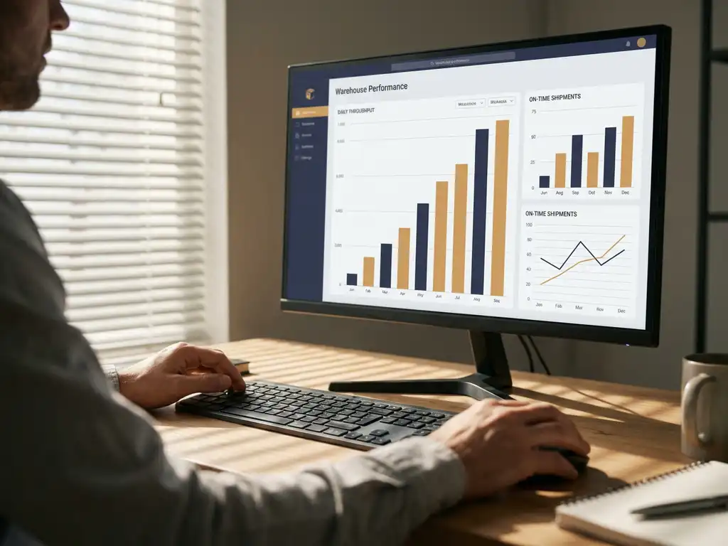 Logistics planner reviewing warehouse performance dashboard with rising graphs on monitor, morning sunlight through office blinds