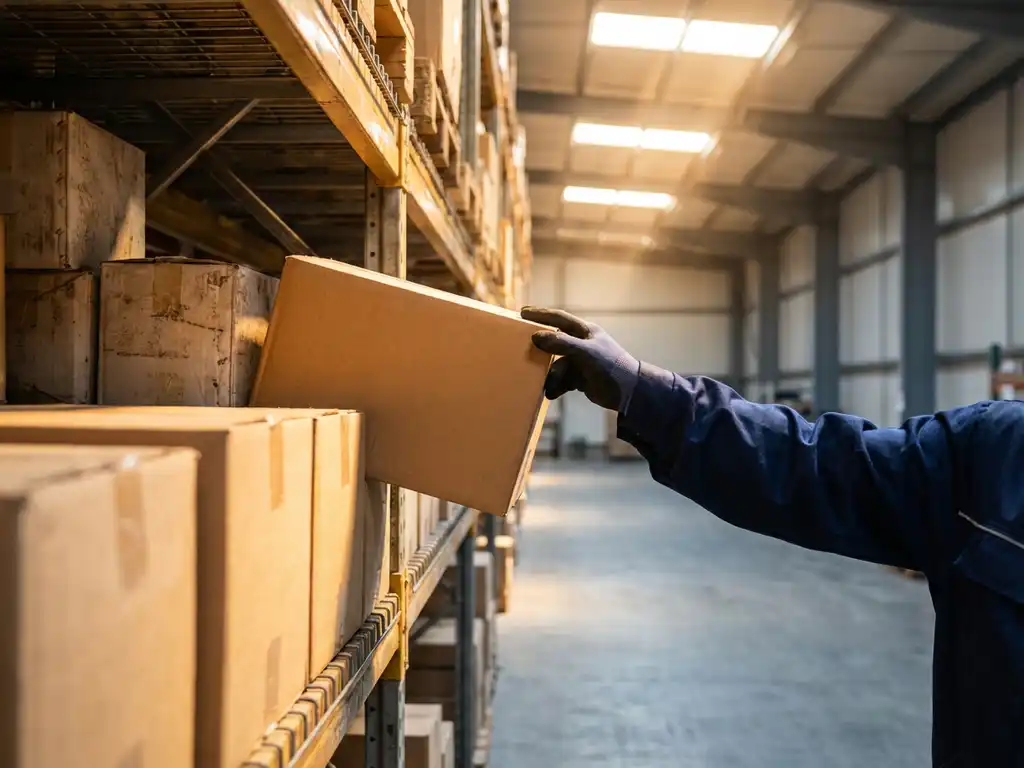 Warehouse worker in navy workwear reaching for product on high steel shelving, practicing FIFO inventory rotation under natural skylight