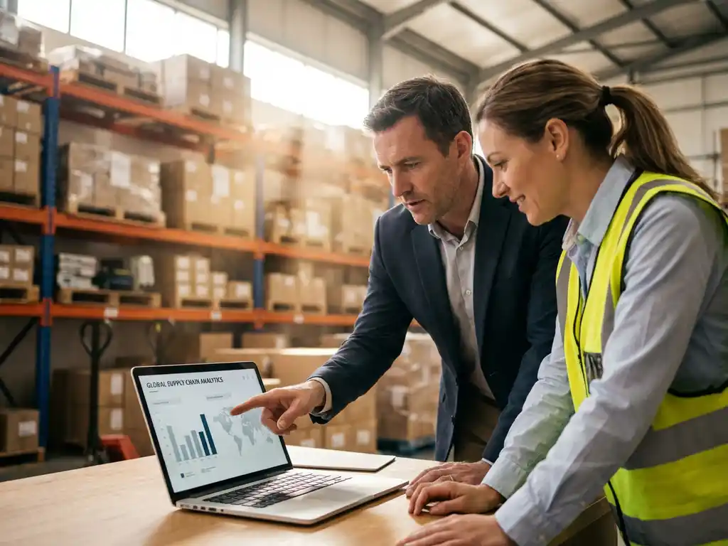 Logistics consultant and warehouse manager reviewing dashboard on laptop together in bright modern warehouse