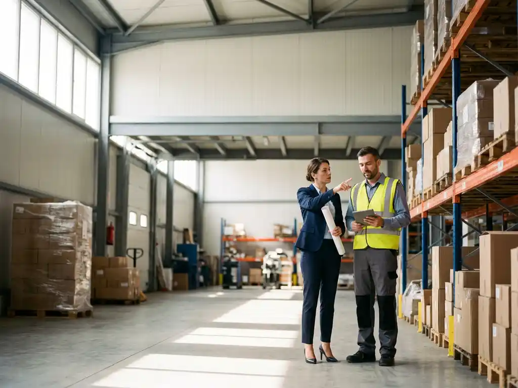Logistics consultant and warehouse worker reviewing inventory on tablet beside organized pallet shelving in sunlit facility