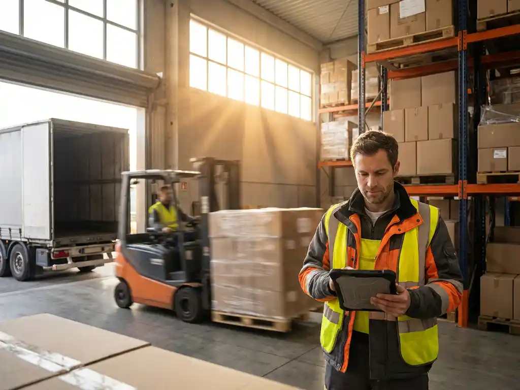 Warehouse worker in safety vest checks tablet at loading dock while forklift moves pallet onto truck, steel racking in background