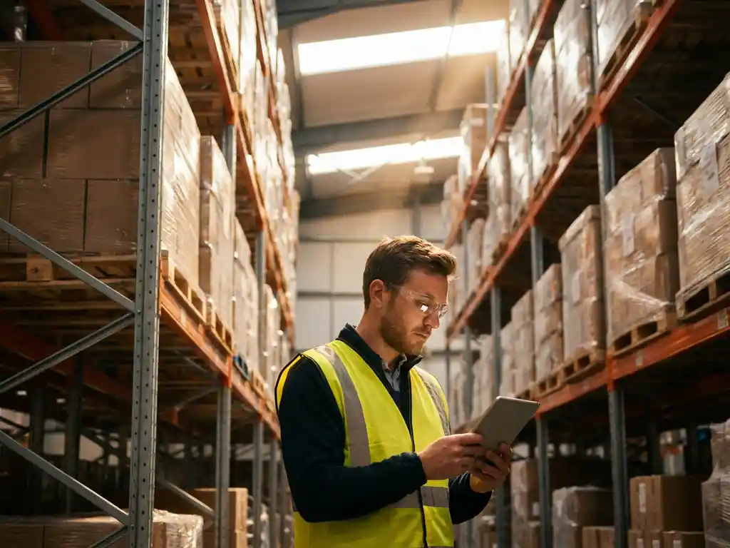 Logistics professional reviewing tablet in warehouse aisle with steel shelving and organized pallets under natural skylight