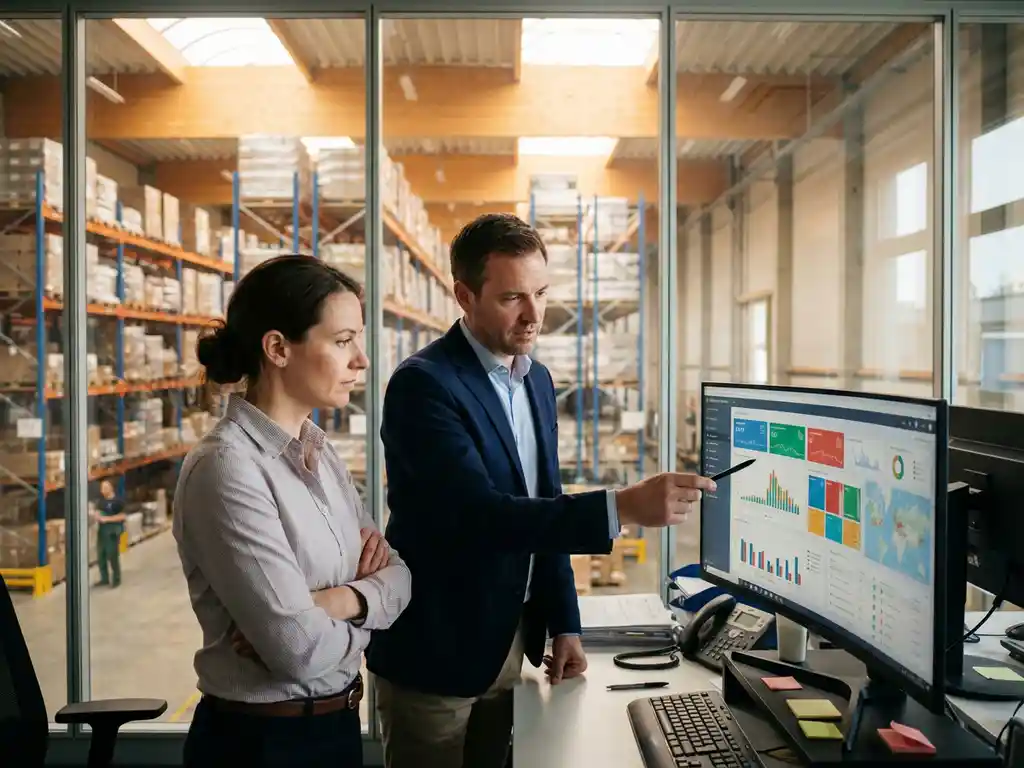 Logistics consultant and warehouse manager reviewing inventory dashboard on monitor in modern warehouse office