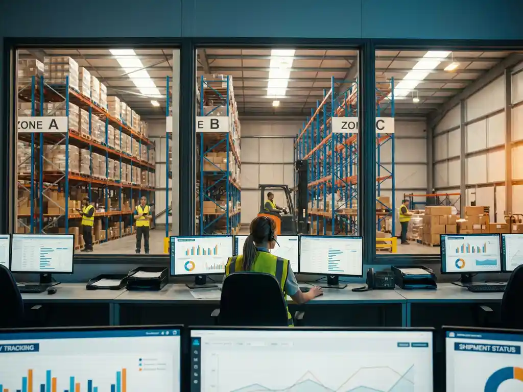Logistics coordinator at control station monitoring three warehouse zones through interior windows, dashboard screens in foreground.