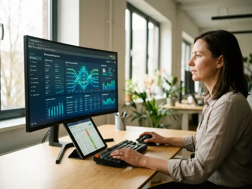Logistics planner at desk viewing warehouse management dashboard on monitor with tablet showing inventory grids nearby