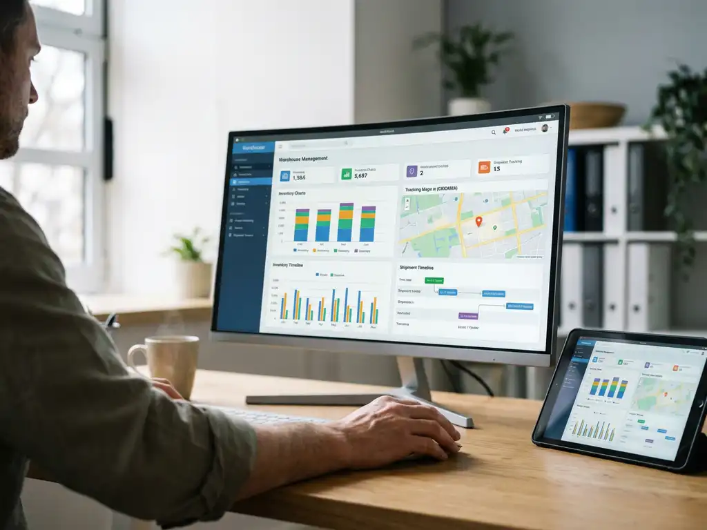 Logistics planner at desk viewing warehouse management dashboard with inventory grids and shipment timelines on monitor
