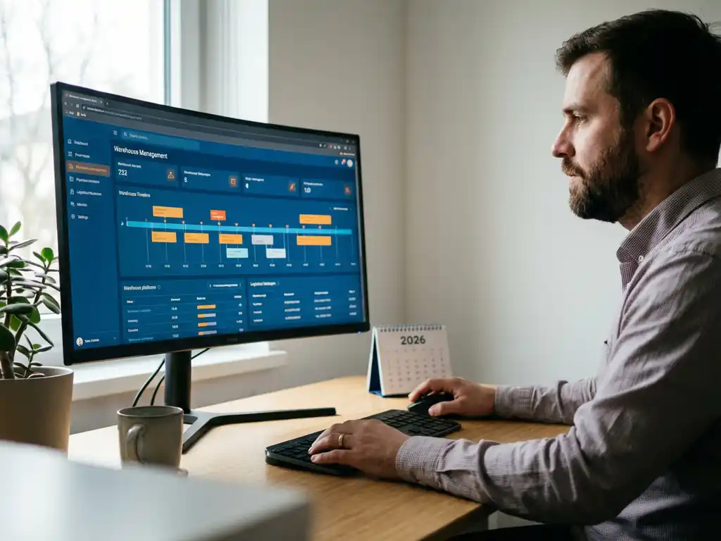 Logistics planner at desk viewing warehouse management dashboard on monitor, calendar showing 2026, natural light