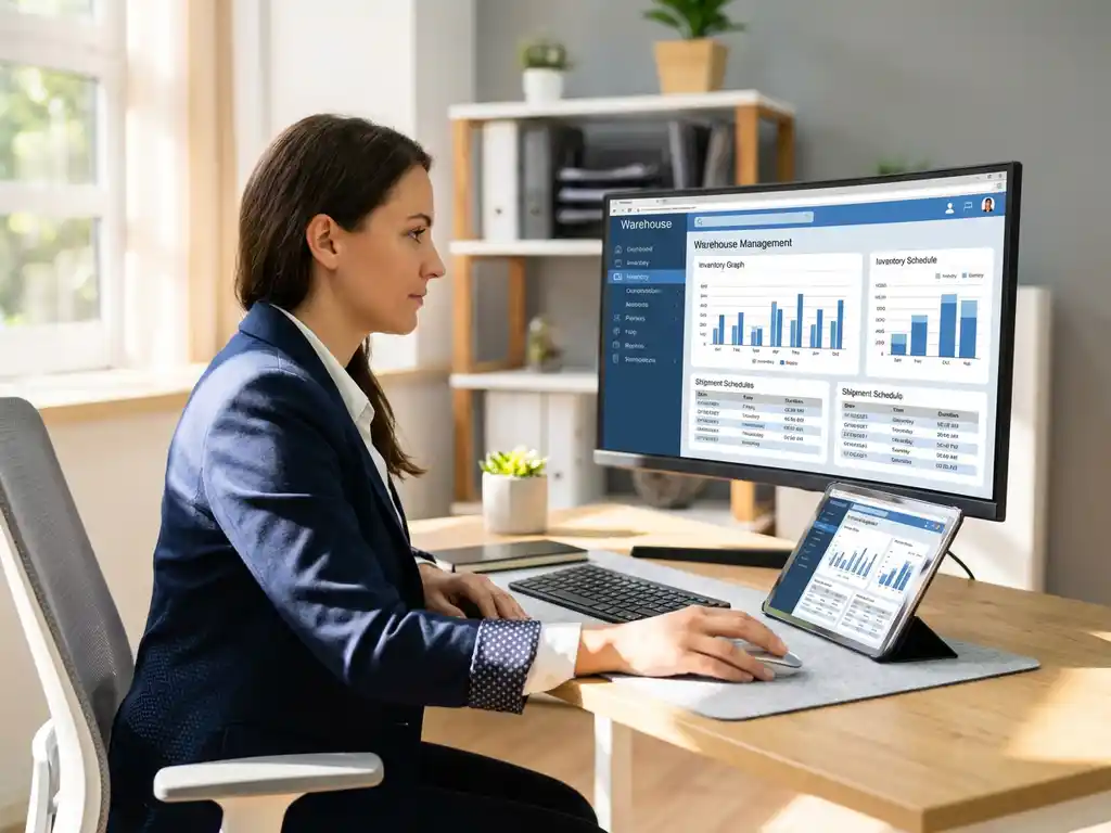 Logistics planner at desk viewing warehouse management dashboard with inventory grids and shipment data on large monitor