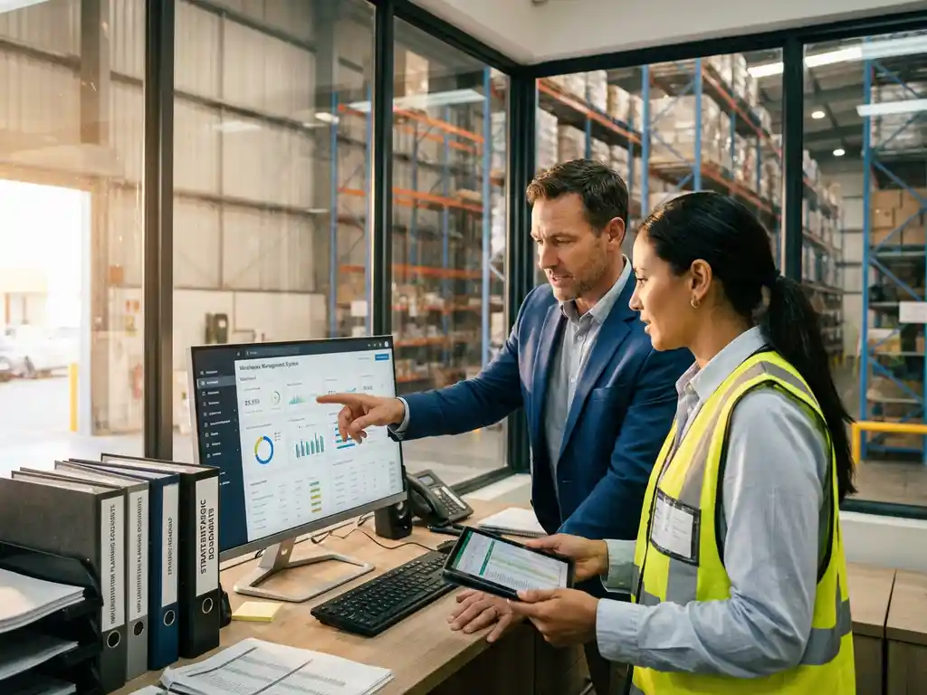 Logistics consultant and warehouse manager reviewing WMS dashboard together, implementation documents on desk, warehouse visible through windows