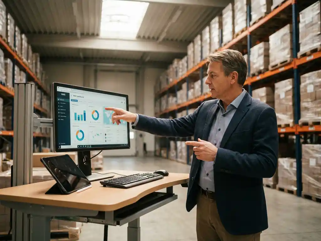Logistics consultant pointing at WMS dashboard on monitor in warehouse with organized pallet shelving in background