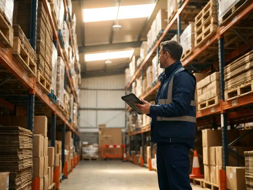 Warehouse manager holding tablet while reviewing organized pallet inventory in tall racking aisle with natural skylight lighting