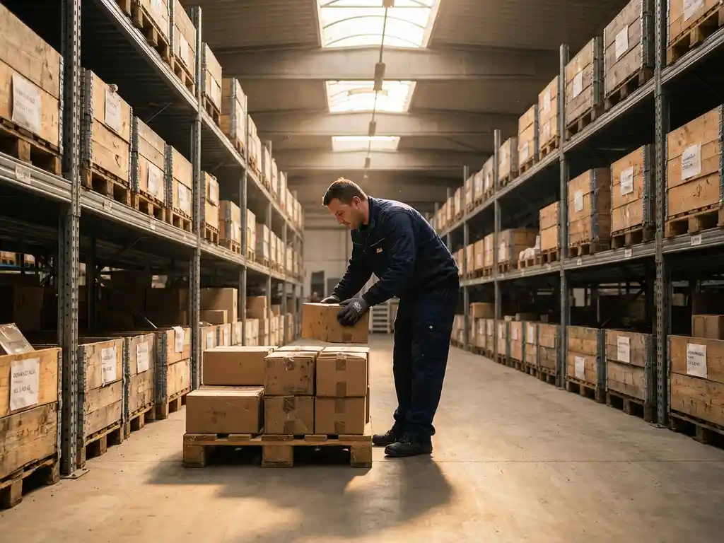 Warehouse worker in navy workwear consolidating cardboard boxes onto a pallet, industrial shelving with organized inventory in background