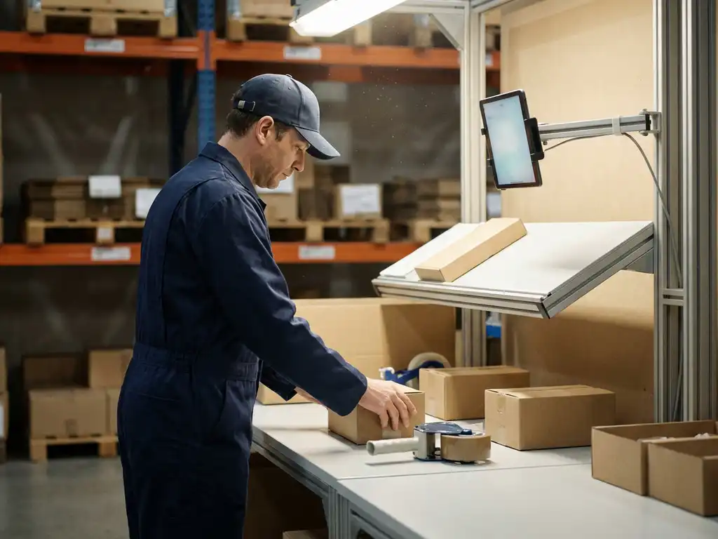 Warehouse worker in navy workwear organizing packing station with cardboard boxes, tape dispensers, and mounted tablet