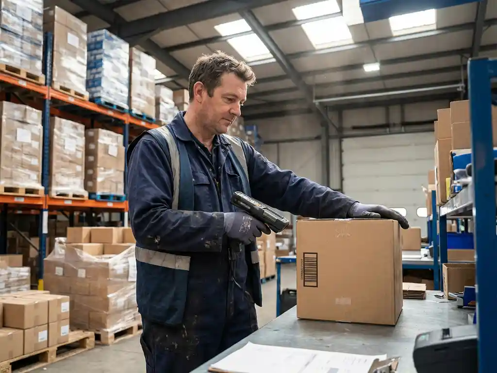Warehouse worker scanning cardboard box at returns processing station with steel shelving and stacked pallets in background