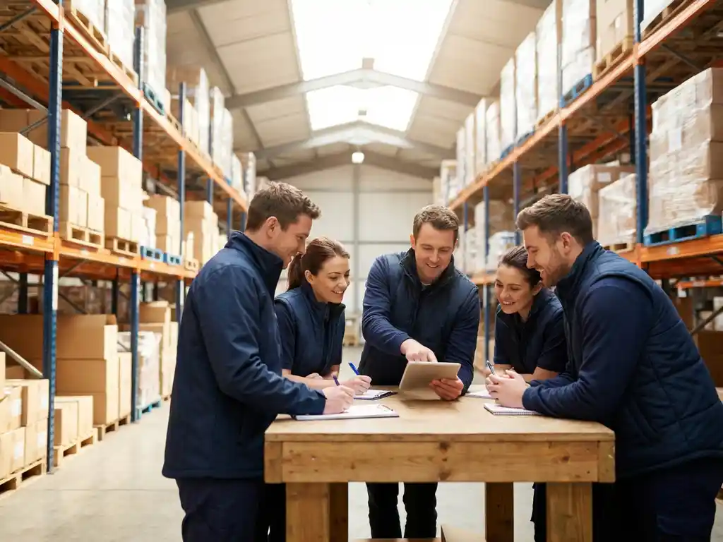 Warehouse team lead demonstrating tablet-based picking procedures to attentive colleagues gathered around training table, industrial shelving in background