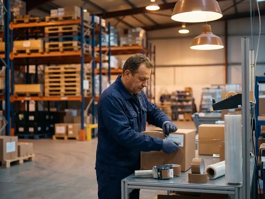 Warehouse worker in navy workwear applying branded labels to cardboard boxes at steel packing station with industrial racking in background