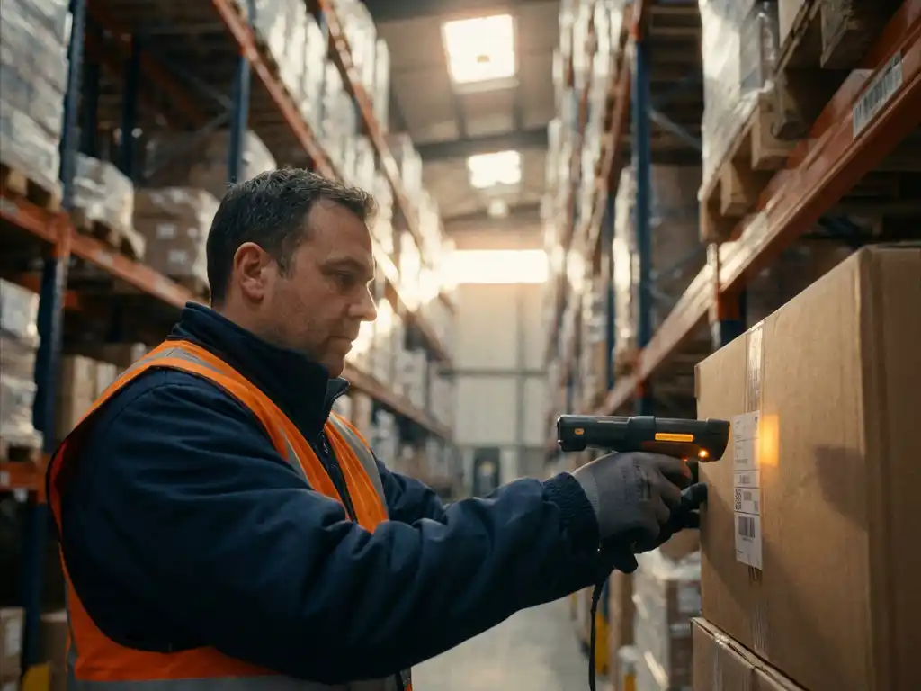 Warehouse worker in orange safety vest scanning barcode on cardboard box with handheld device, steel racking with pallets in background