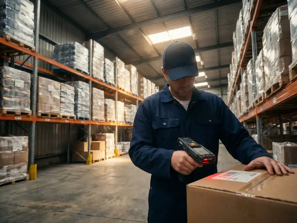 Warehouse worker scanning barcode on cardboard box with handheld device, steel shelving with pallets in background