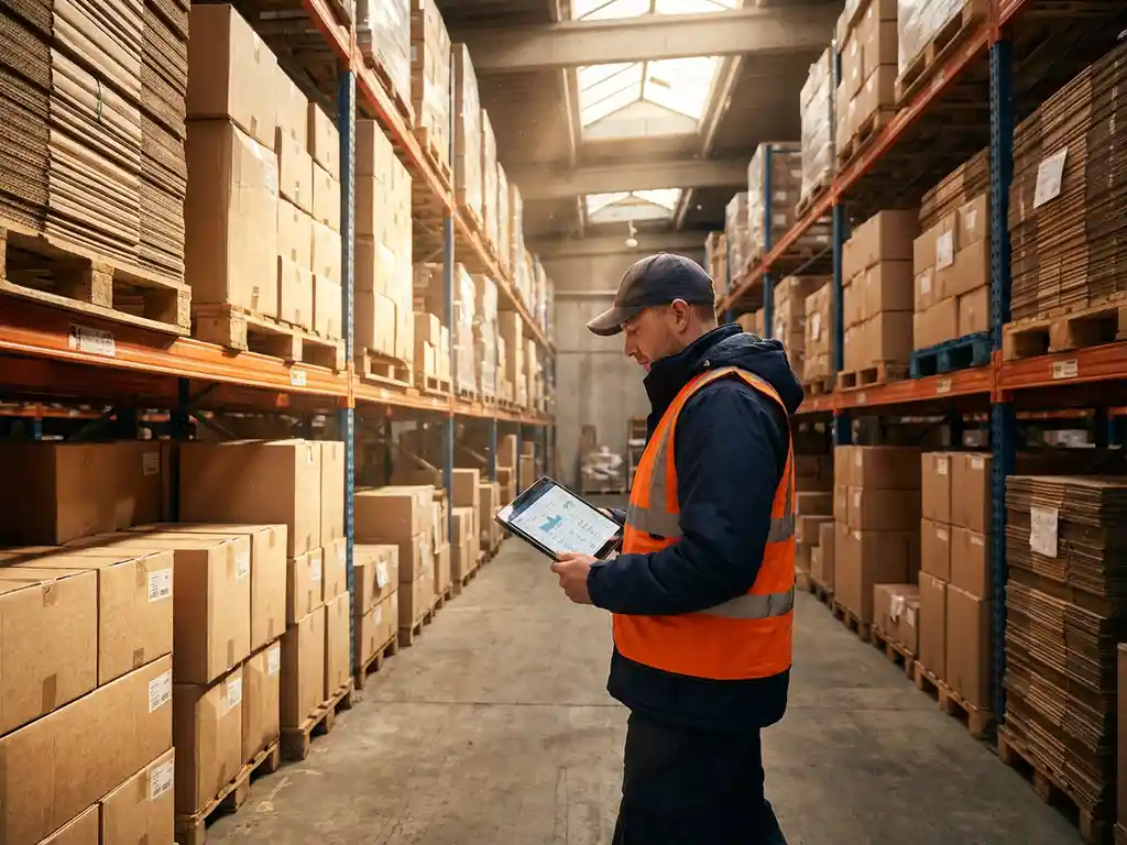 Warehouse worker holding tablet walks between tall steel shelving units stacked with cardboard boxes, natural light from skylights
