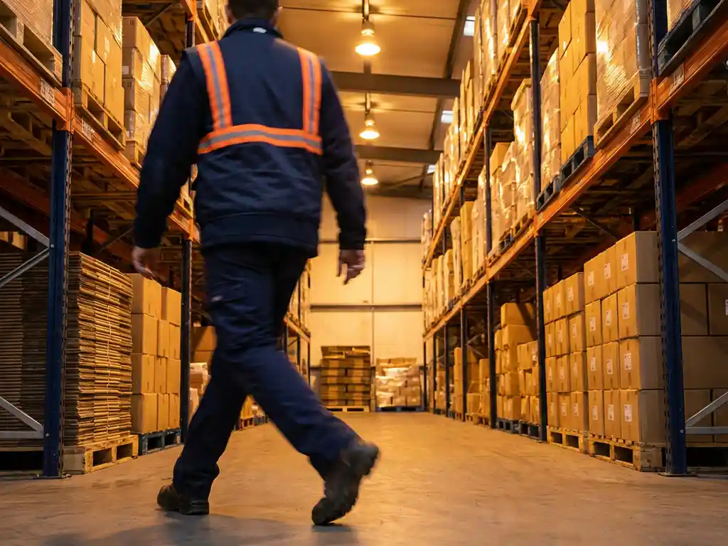Warehouse worker in navy workwear walking quickly through aisle between tall steel pallet racking under warm industrial lighting.