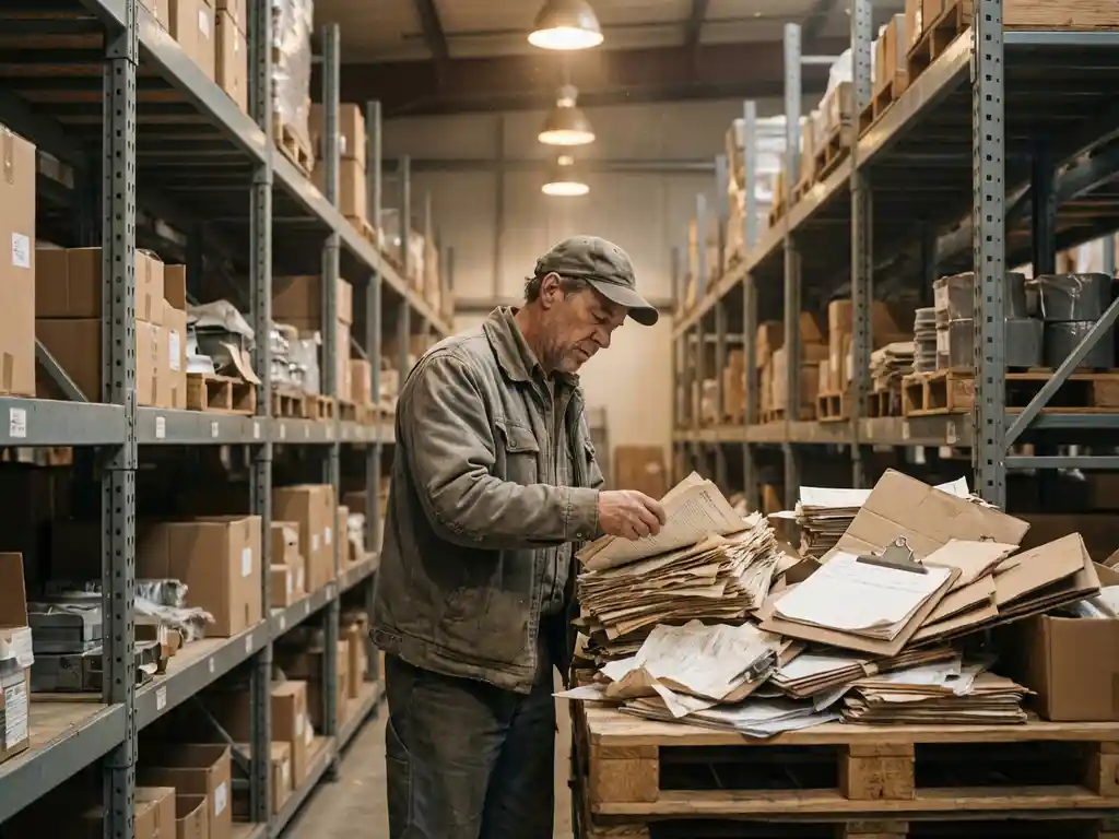 Frustrated warehouse worker sorting through crumpled paper inventory sheets beside cluttered clipboards and documents