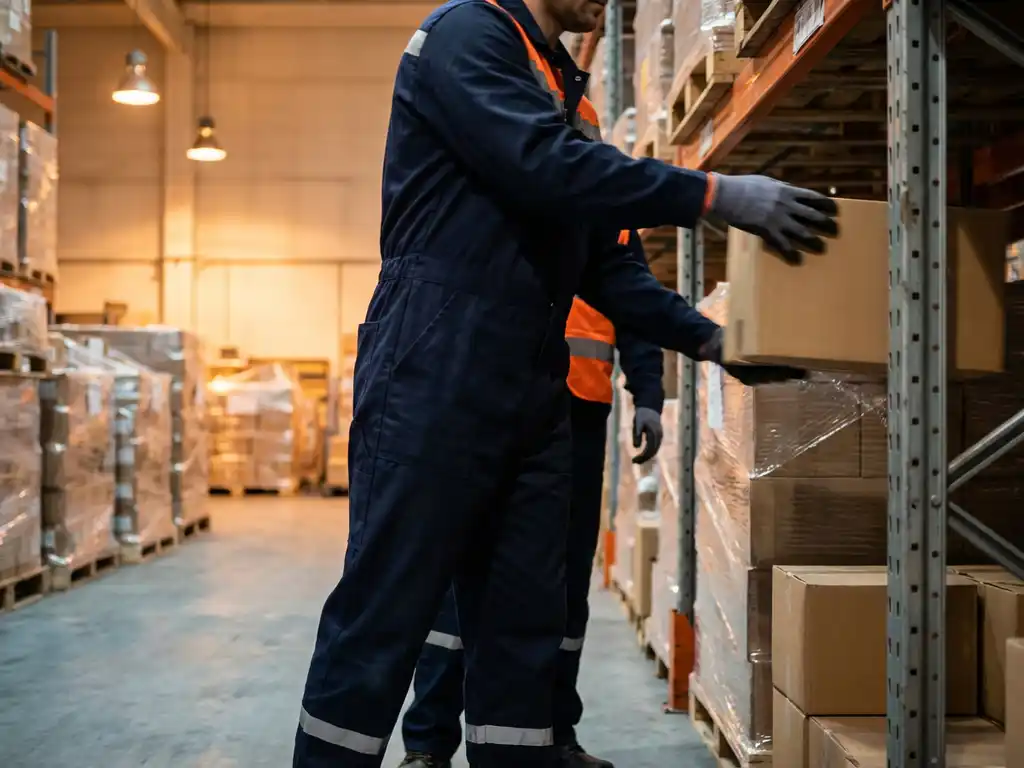 Warehouse worker in navy uniform reaching for cardboard box on steel shelving, motion blur capturing speed, industrial lighting