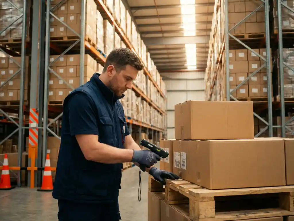 Warehouse worker in navy vest scanning pallet with handheld device, steel racking with stacked boxes in background, natural skylight