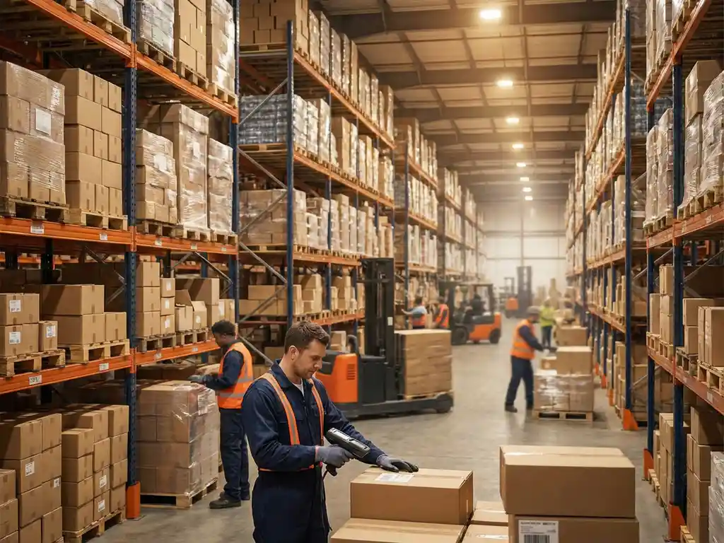 Warehouse worker in navy uniform scanning inventory with handheld device amid towering steel shelves stacked with cardboard boxes