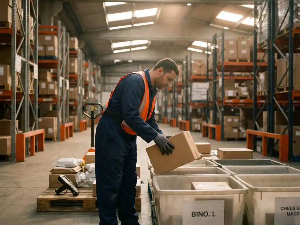 Warehouse worker in navy workwear sorting cardboard return packages into bins beside steel shelving, handheld scanner on nearby pallet.