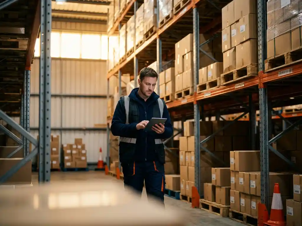 Warehouse worker holding tablet while walking between tall steel shelving units stacked with organized pallets