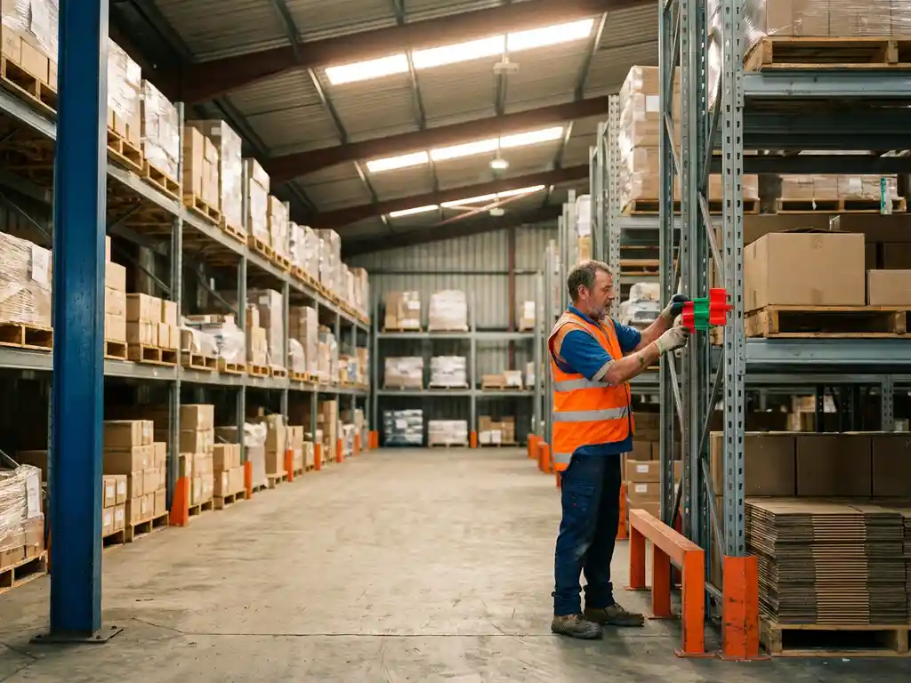 Warehouse worker in high-visibility vest organizing colored zone markers on steel pallet racking, natural skylight illumination.