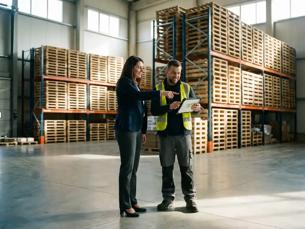 Davanti WICS | Blog & Resources | wms consultant magazijn optimalisatie picking WMS-consultant en magazijnmedewerker met tablet bespreken geoptimaliseerde pickroutes bij georganiseerde stellingen in magazijn