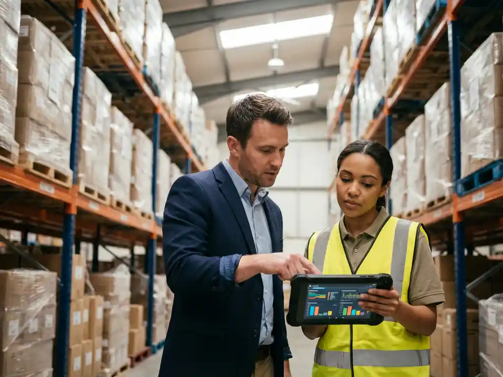 WMS-consultant en magazijnmedewerker bekijken samen logistieke software op tablet in magazijn met stellingen