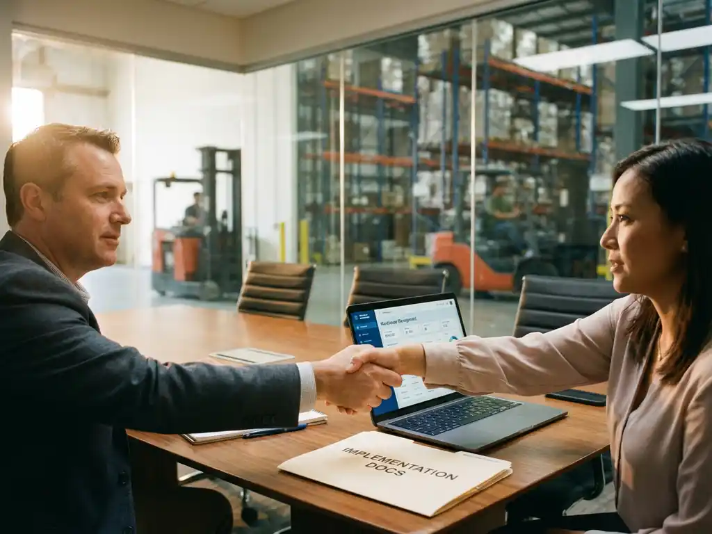 Logistics manager and WMS consultant shaking hands over conference table with warehouse dashboard on laptop