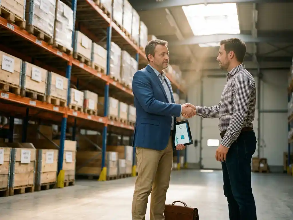 Davanti WICS | Blog & Resources | wms software consultant warehouse logistics Logistiek professional schudt hand met WMS-consultant terwijl hij tablet bekijkt in modern magazijn met natuurlijk licht