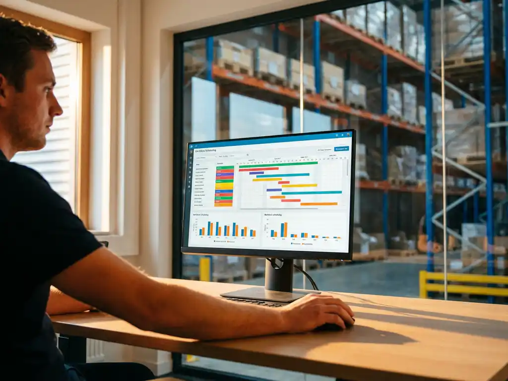 Logistics planner reviewing workforce scheduling dashboard on computer monitor in warehouse office with natural daylight